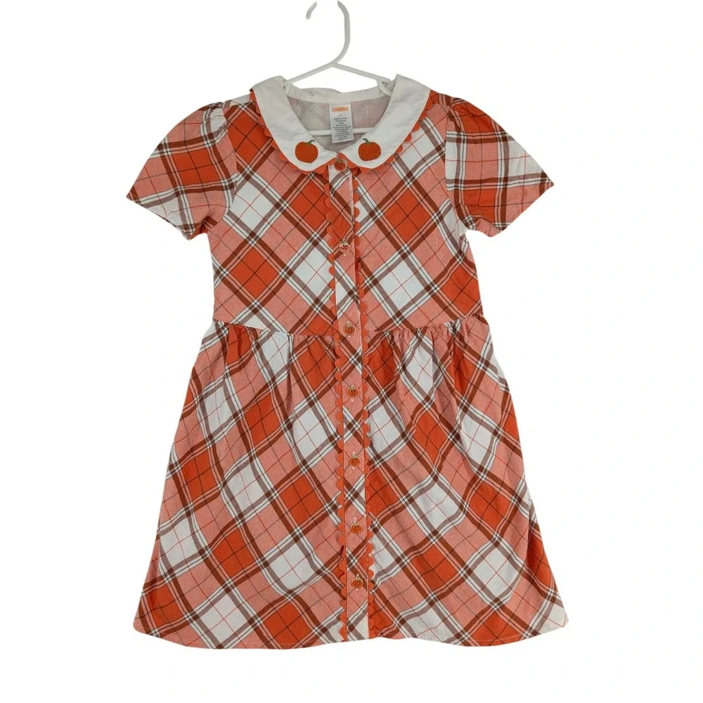 Gymboree Orange Plaid Flannel Dress Pumpkin Embroidery Peter Pan Collar Size 7‎